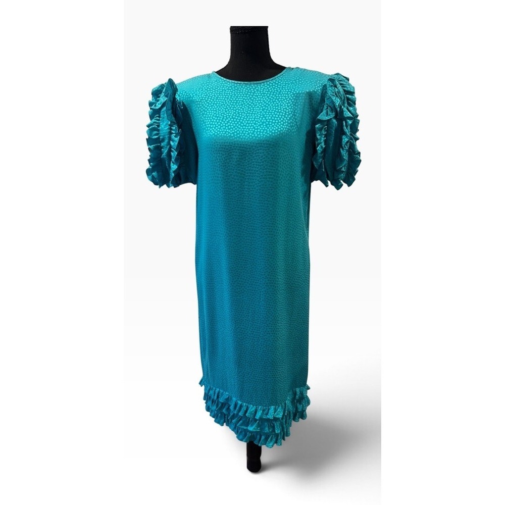 Vintage Teal Textured Silk Shift Dress Round Neck Puff Sleeve Ruffle Size 6 READ